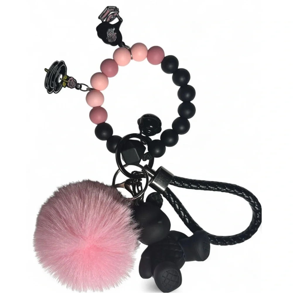 Pink & Black Beaded Pom-Pom and Black Bear Keychain Wristlet - Picture 4 of 7